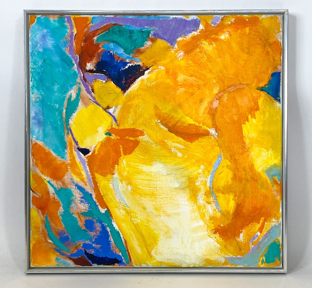 KURT RAVNBAK (20TH C.) ABSTRACT A/C: Signed in back to top left corner, includes small biography about the artist. Acrylic on canvas. 20th century. Dimensions: Frame H 33" x W 33". Canvas H 32" x W 32". Condition: Scuffs and rubs to fram