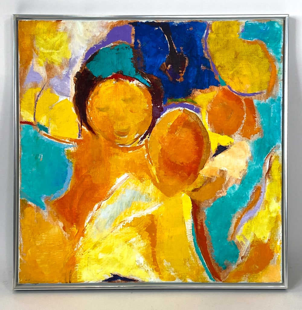 KURT RAVNBAK (20TH C.) ABSTRACT A/C: Signed on back to top right corner. Abstract acrylic on canvas. 20th century. Dimensions: Frame H 33.5" x W 33.5". Canvas H 32" x W 32". Condition: Few minor chips to frame, wear consistent with age a