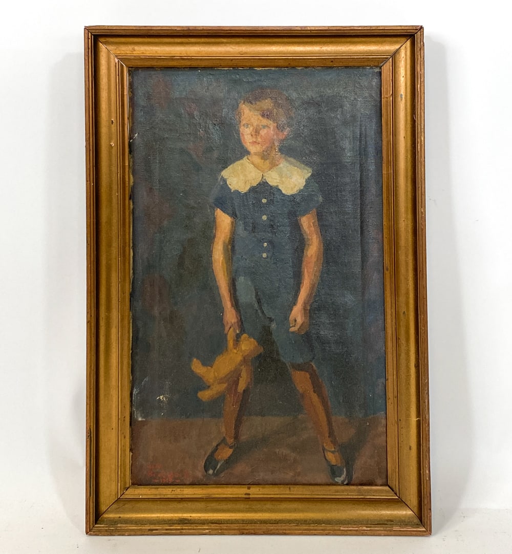 20TH C. PORTRAIT OF A BOY O/C: Signed and dated to lower left corner, dated 1969. Portrait of a young boy with a teddy bear. Oil on canvas. Dimensions: Frame H 26.5" x W 17.5". Canvas H 22.5" x W 14". Condition: Scuffs and chips to