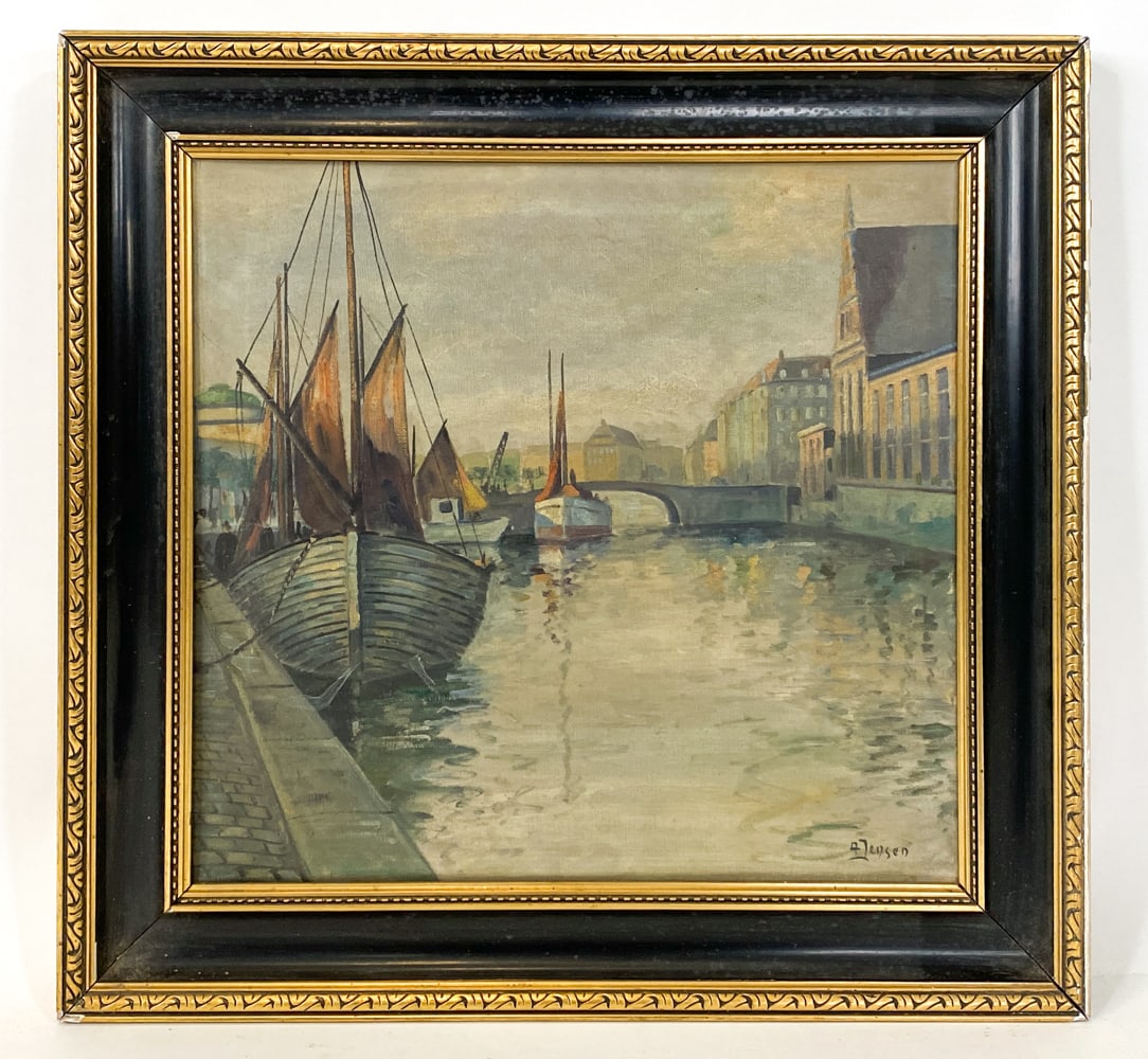 A. JENSEN (20TH C.) HARBOR & BOAT O/C: Signed to lower right corner. Harbor scene with boats and city buildings. Oil on canvas. 20th century. Dimensions: Frame H 25" x W 26". Canvas H 19.5" x W 20.75". Condition: Few chips to frame, minor