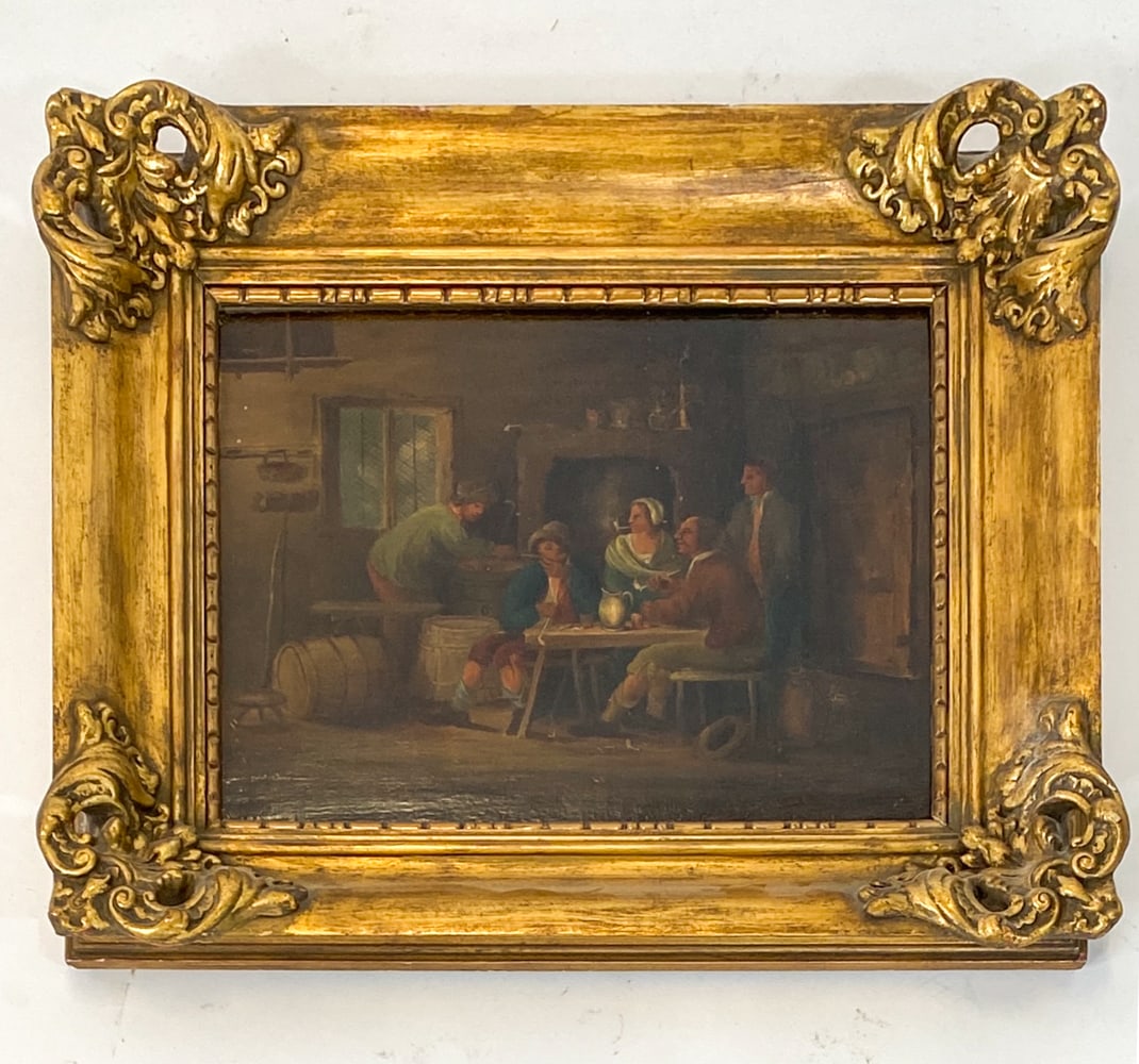 DANISH TAVERN SCENE O/B 19TH C.: Apparently unsigned. Grouping of figures drinking in a tavern. Oil on board. Mid to late 19th century. Dimensions: Frame H 20" x W 23". Board H 13" x W 16.25". Condition: Few scratches to board, scuff