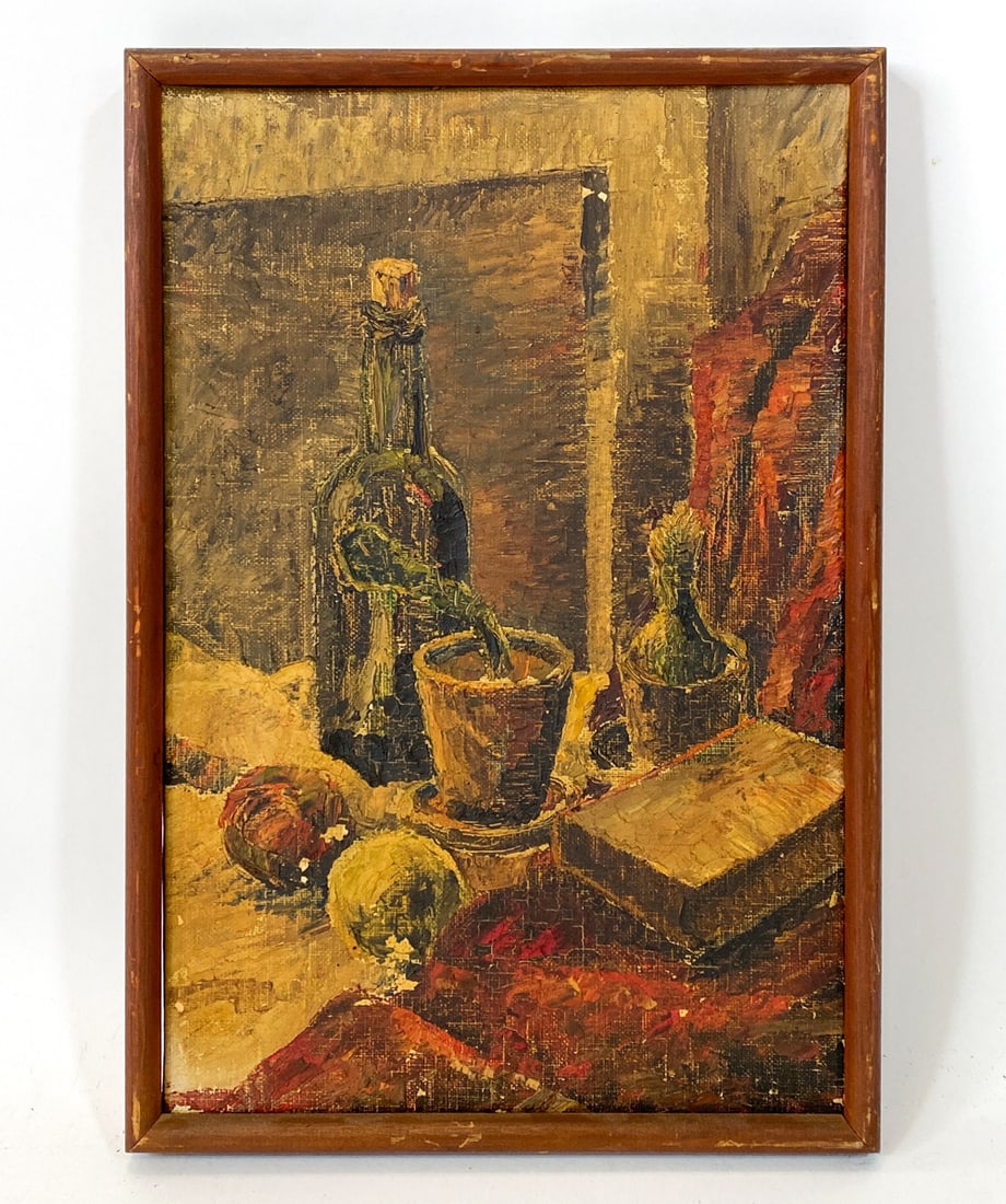 DANISH STILL LIFE O/C: Apparently unsigned. Still life with objects on a table. Oil on canvas. Early to mid 20th century. Dimensions: Frame H 16.5" x W 11". Canvas H 15" x W 10.5". Condition: Scuffs and dings to frame, mino