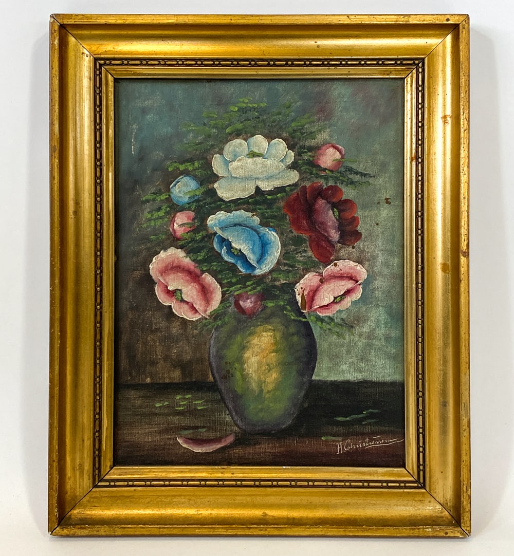 DANISH STILL LIFE FLOWERS O/C 20TH C.: Signed to lower right corner. Flowers in vase. Oil on canvas. Denmark, Early to mid-20th century. Dimensions: Frame H 20.5" x W 16.25". Canvas H 16" x W 12". Condition: Few scratches and spots of stai