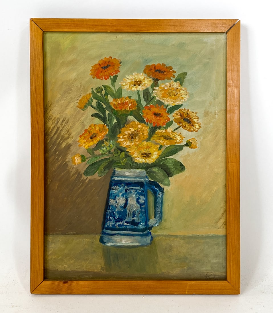 DANISH STILL LIFE O/C: Signed on back to canvas frame. Still life flowers in tankard. Oil on canvas. Mid 20th century. Dimensions: Frame H 18" x W 13.5". Canvas H 17" x W 12.5". Condition: Loose in frame. Few scuffs to canv