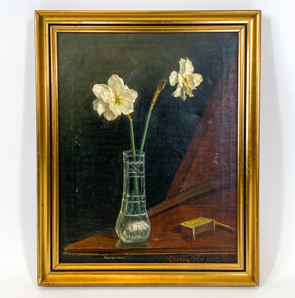 ANTIQUE DANISH STILL LIFE FLOWERS O/C C. 1912: Signed and dated to lower right, 1912. Still life flowers in vase. Oil on canvas. Dimensions: Frame H 19" x W 15". Canvas H 16.5" x W 13". Condition: Few chips to frame. Minor scratches to canvas. Wea