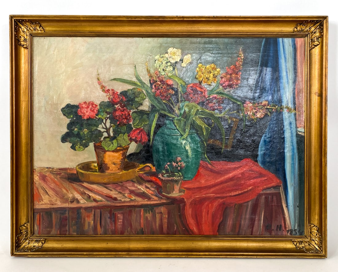 STILL LIFE FLOWERS O/C C. 1934: Signed and dated to lower right corner, 1934. Flowers on a table with cloth and drapery. Oil on canvas. Dimensions: Frame H 36" x W 48". H 31" x W 43". Condition: Few minor chips to painting in corner