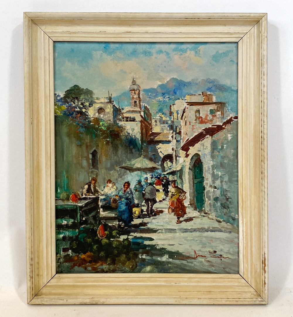 CITY STREET SCENE O/C: Signed to lower right corner. Street scene with figures at a market. Oil on canvas. Mid 20th century. Dimensions: Frame H 24" x W 20". Canvas H 20" x W 16". Condition: Small chips and scuffs to frame,
