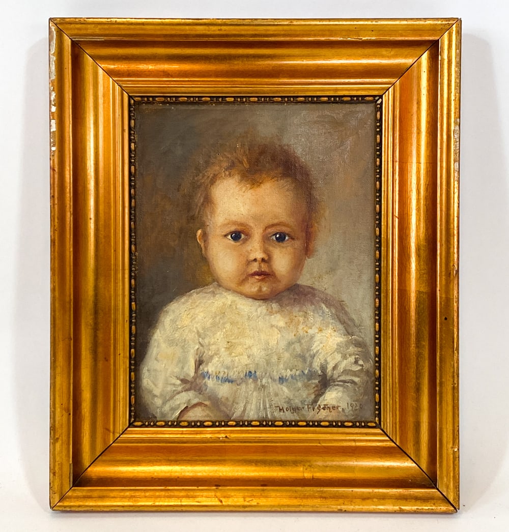 SCANDINAVIAN PORTRAIT OF A BABY O/C C. 1929: Signed and dated to lower right corner, 1929. Portrait of a baby in a white dress. Oil on canvas. Dimensions: Frame H 18.5" x W 15.5". Canvas H 12.5" x W 10". Condition: Chips to frame, wear consisten