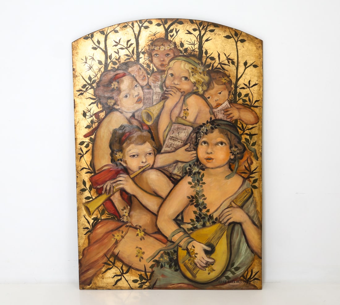 ERNA Y ANTUNES (BRAZILIAN) CHERUBS O/B PAINTING: Image of cherubs on a golden background playing musical instruments. Signed and dated 1970 lower right. Oil on board. Unframed. Dimensions: H 63.25" x W 43.25" Condition: Wear consistent with age and