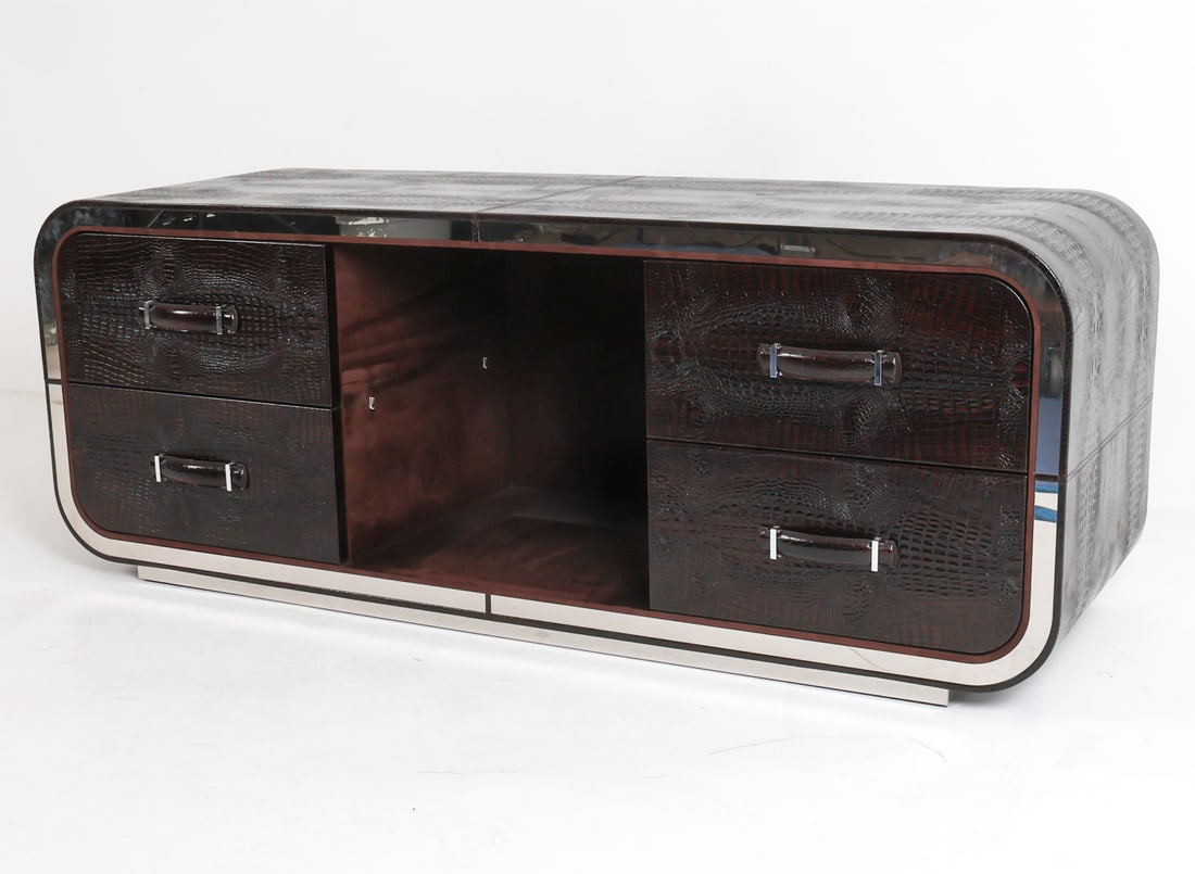 SAMUELE MAZZA VISIONNAIRE 'GULLIVER' LOW CREDENZA: Labeled in drawer. Low credenza cabinet in alligator style finish and chrome steel frame. Suede lining to interior compartment. Italy, contemporary. Dimensions: H 25.5" x W 64" x D 22". Condition: