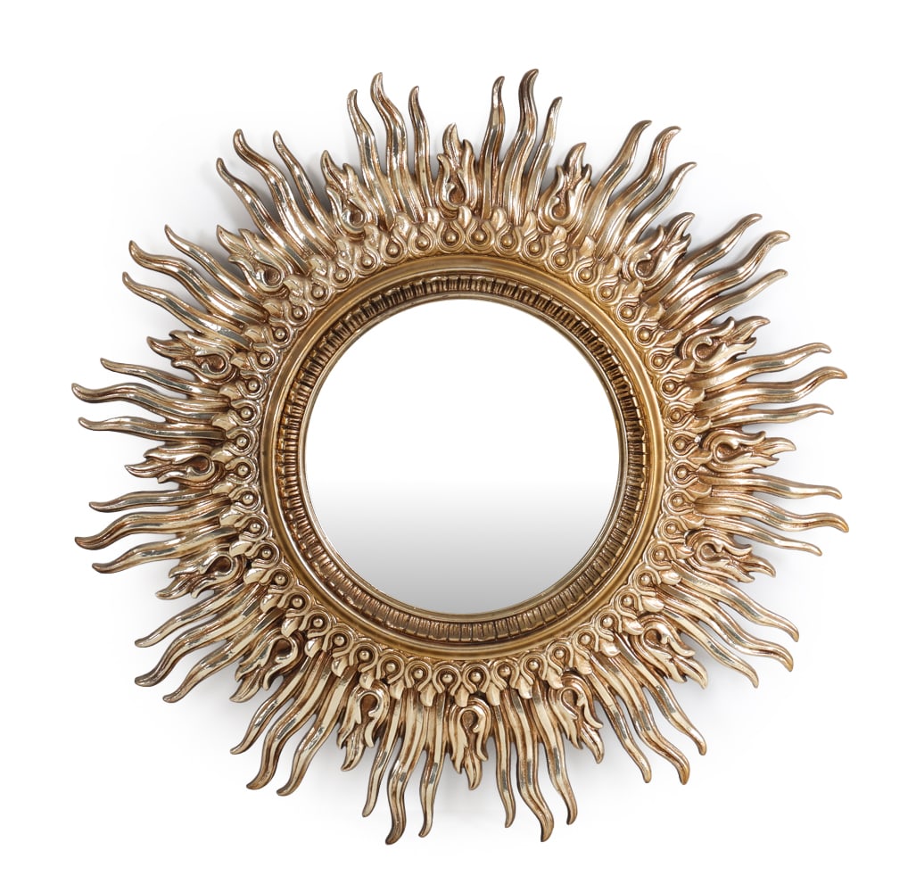 CONTEMPORARY GILDED SUNBURST WALL MIRROR: Wooden wall mirror with gilded finish. Contemporary. Dimensions: Dia. 48". Condition: No issues to note