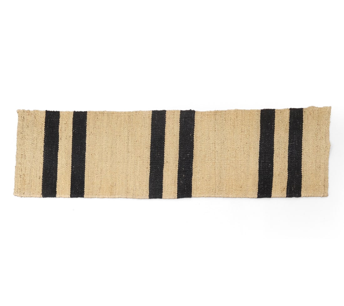 JUTE STRIPED RUNNER: Featuring beige-like and dark brown-like striped design. Dimensions: H 108" x W 34" Condition: Wear consistent with age and use. Some scuffs, rubs.