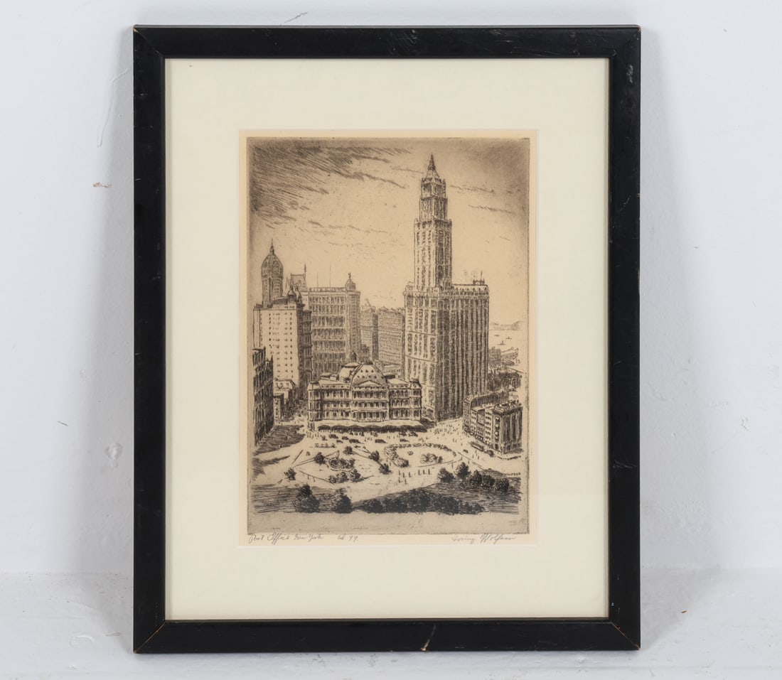 IRVING WOLFSON (1898-1981) POST OFFICE PRINT: "Post Office New York". Edition 99. Signed by artist in lower right corner and signed with print. Mid 20th century. Dimensions: Frame H 15.5" x W 12.5". Sight H 10.5" x W 7.25". Condition: Not