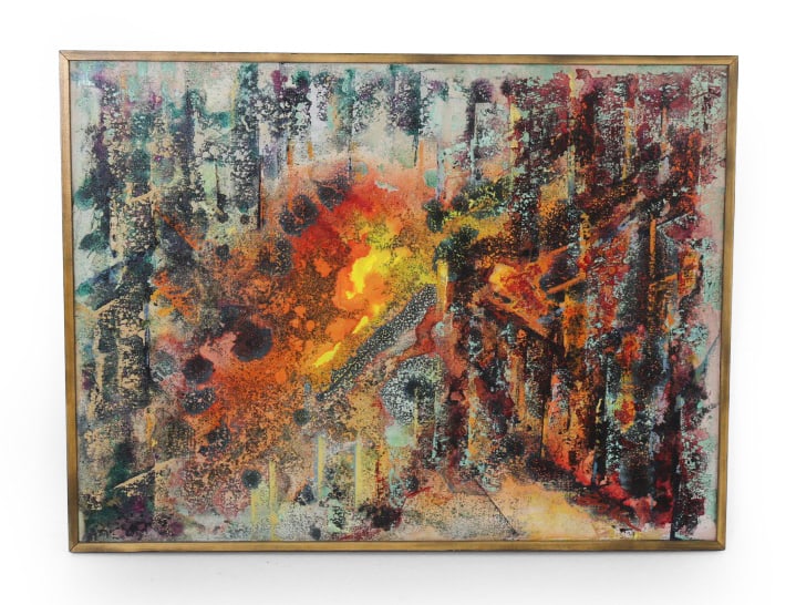 ESKA SMYTHE (FRENCH, 20TH C) ABSTRACT PAINTING O/C: Abstract oil painting in dark stained wooden frame. Signed and marked with number 106 en verso. Circa 1960s. Dimensions: (Frame) H 32.25 W 24.75" (Canvas) H 31.25" x H 23.75" Condition: Rubs to edge.