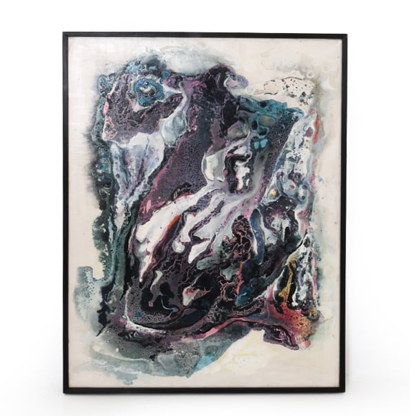ESKA SMYTHE (FRENCH, 20TH C) ABSTRACT PAINTING O/C: Abstract oil painting in dark stained wooden frame. Signed and marked with number 363 en verso. Circa 1960s. Dimensions: (Frame) H 32.25 W 24.75" (Canvas) H 31.25" x H 23.75" Condition: Minor handling