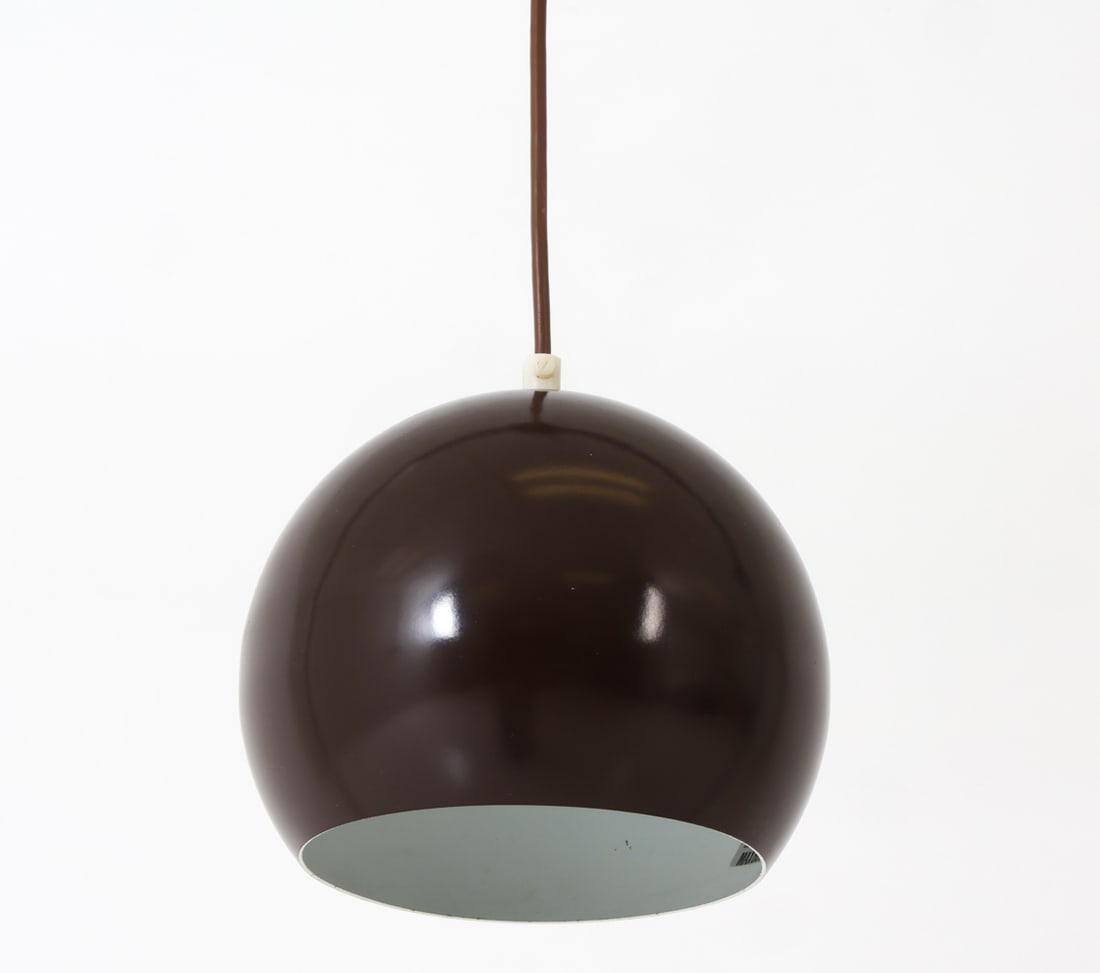 ES HORN DANISH METAL BALL PENDANT LAMP 1970S: Label inside the shade. Denmark, circa 1970's. Dimensions: H 6.75" x Dia. 7" Condition: Not Tested, Wear consistent with age and use. Some scuffs, soling spots.