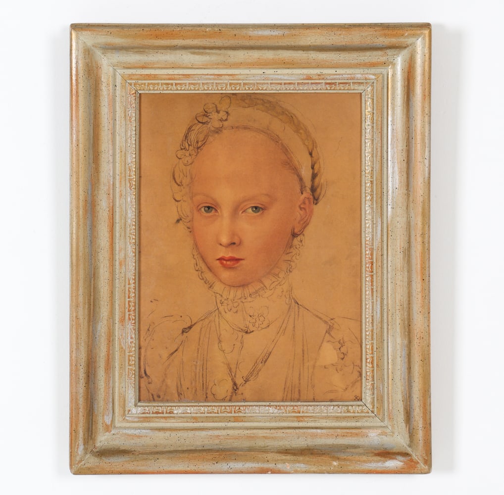 AFTER LUCAS CRANACH PRINCESS ELIZABETH PRINT: Titled "Princess Elizabeth" verso. Vintage 20th c. Printmaker's stamp partially visible in lower right corner. Dimensions: Frame H 22" x W 17". Sight H 15.25" x W 10.75". Condition: Light indent top r