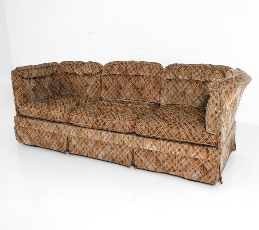 DUX STYLE SWEDISH VELVET SOFA C. 1960S: Tufted cushions in textured cut-pile velvet upholstery with geometric diamond pattern. Oak legs. Sweden, circa 1960s. Dimensions: H 29" x W 83.5" x D 30.5" x Sh 16" Condition: Wear consistent with