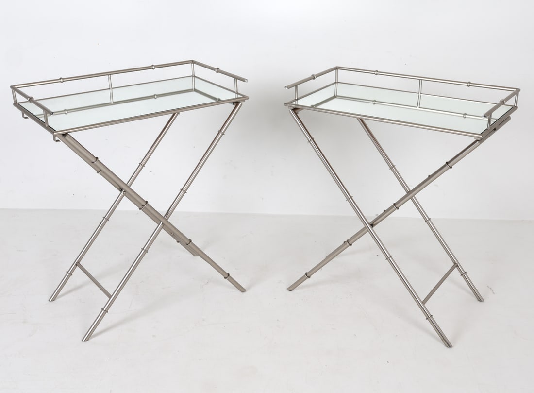 PAIR OF MIRRORED FOLDING TRAY TABLES: Dimensions: H 33" x W 28" x D 16". Condition: Present well overall.
