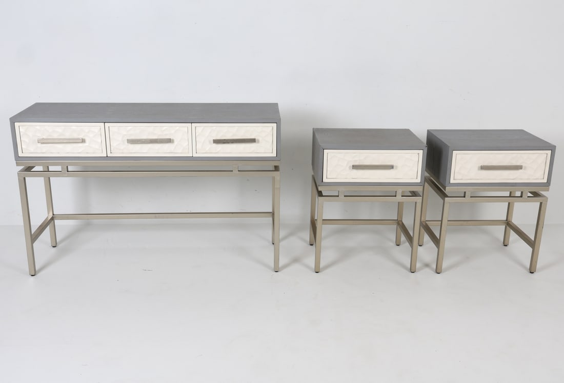 GROUPING END TABLES AND CONSOLE: Dimensions: (console) H 31" x W 48" x D 16" Condition: Showing signs of wear including scratches and scuffs to finish consistent with age and use.