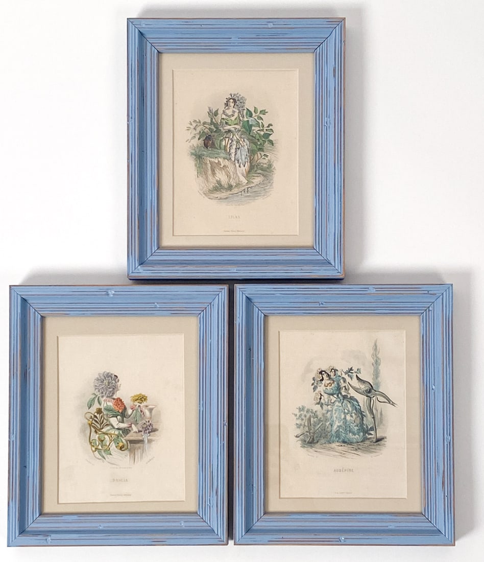 J. J. GRANDVILLE "LES FLEURS ANIMEES" PRINTS 1847: Set of three framed prints by the French cartoonist J.J. Grandville, including Lilas, Dhalia & Aubepine. France, circa 1847. Dimensions: (Frame) H 12.5" x W 10.5" (Sight) H 8" x W 6" Condition: Paint