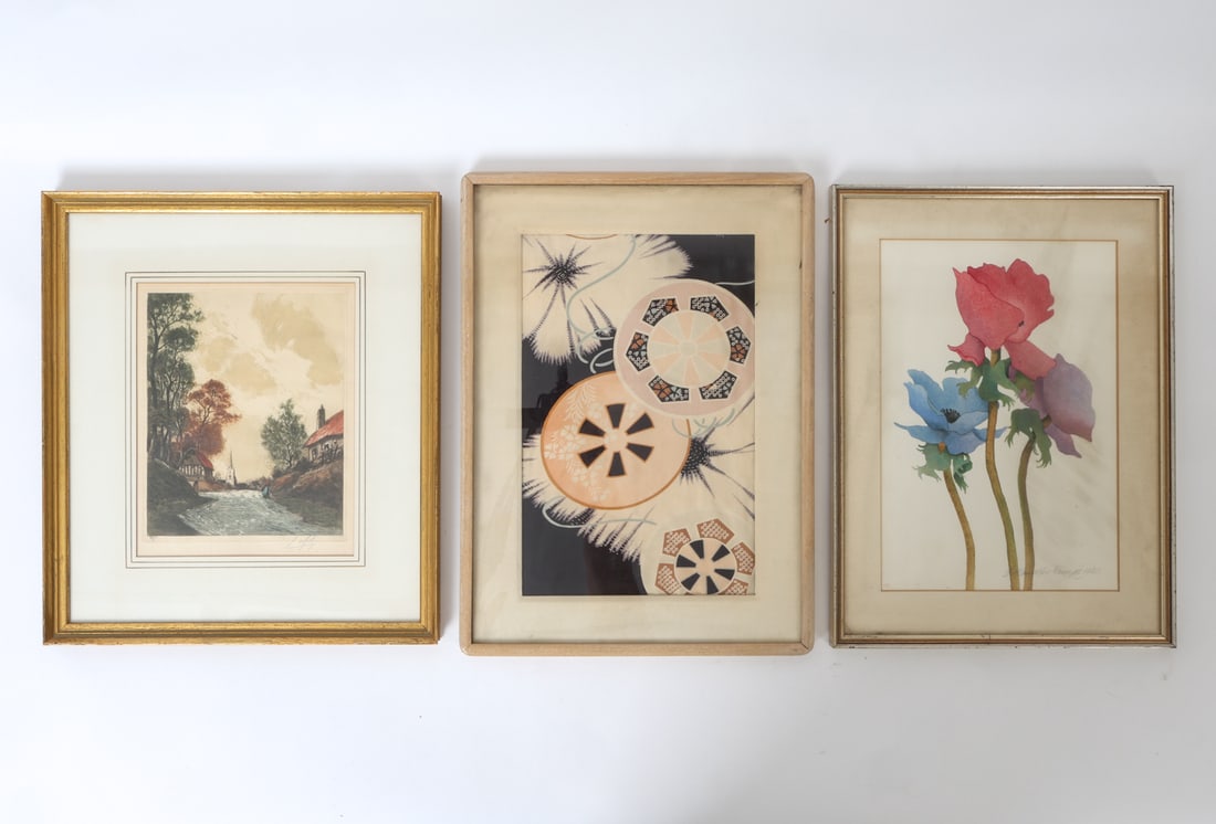(3) VINTAGE DECORATIVE ART GROUPING: Including: Still life with flowers watercolor, French cityscape etching and color fabric abstract. All indistinctly signed on surface. Dimensions: Largest (Frame) H 19.5" x W 14.5"(Sight) H 14.5" x W