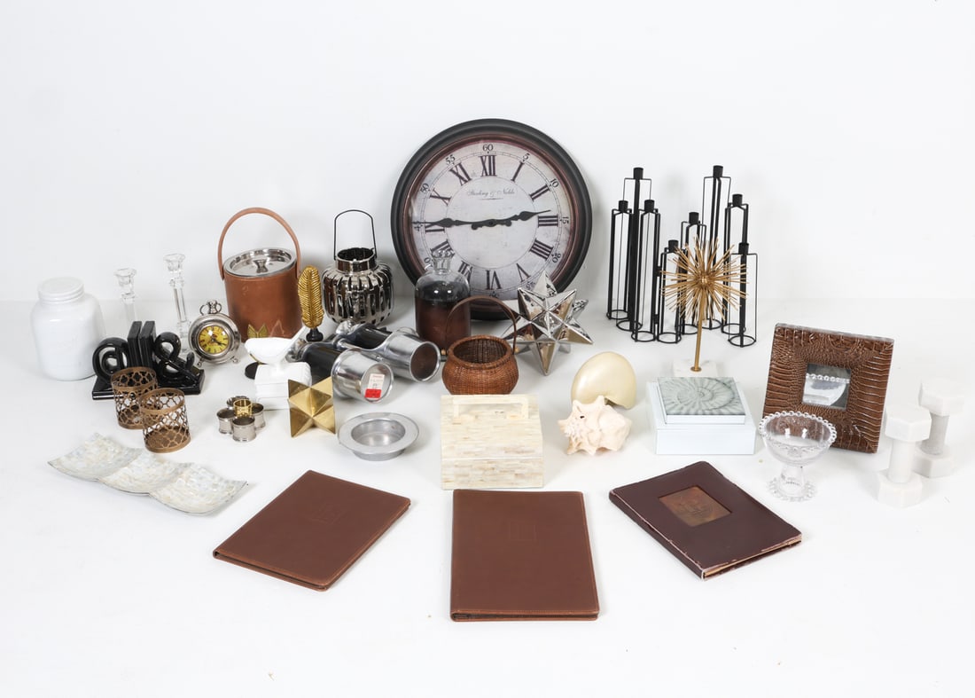 CONTEMPORARY ECLECTIC DECORATIVE GROUPING: Large grouping of a a variety of decorative items. Dimensions: Tallest, Star on Marble Base H 14.25" x Dia. 7.75". Condition: Few items with minor scuffs. Leather wrapped ice bucket has rubs to