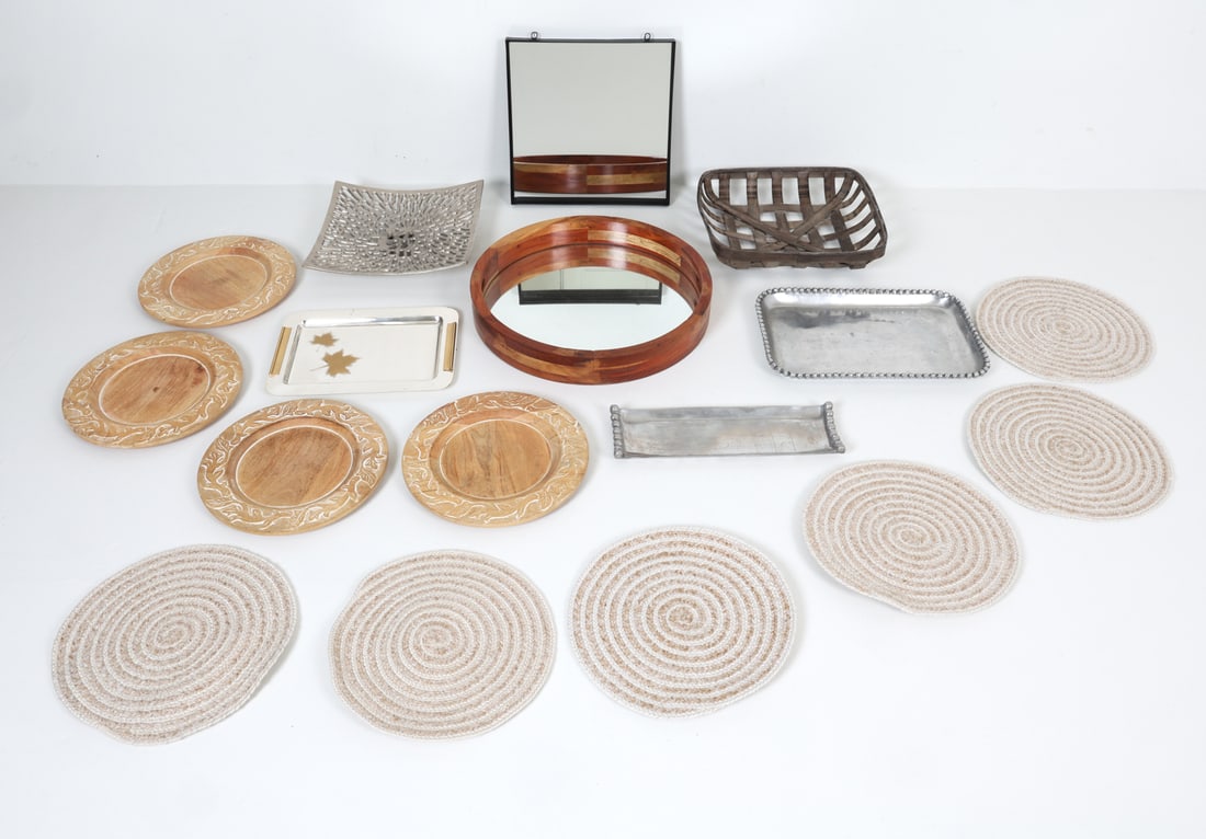 CONTEMPORARY GROUP OF SERVING TRAYS: Dimensions: Largest H 3.5" x Dia. 22.5". Condition: Minor scuffs and rubs, wear consistent with gentle use.