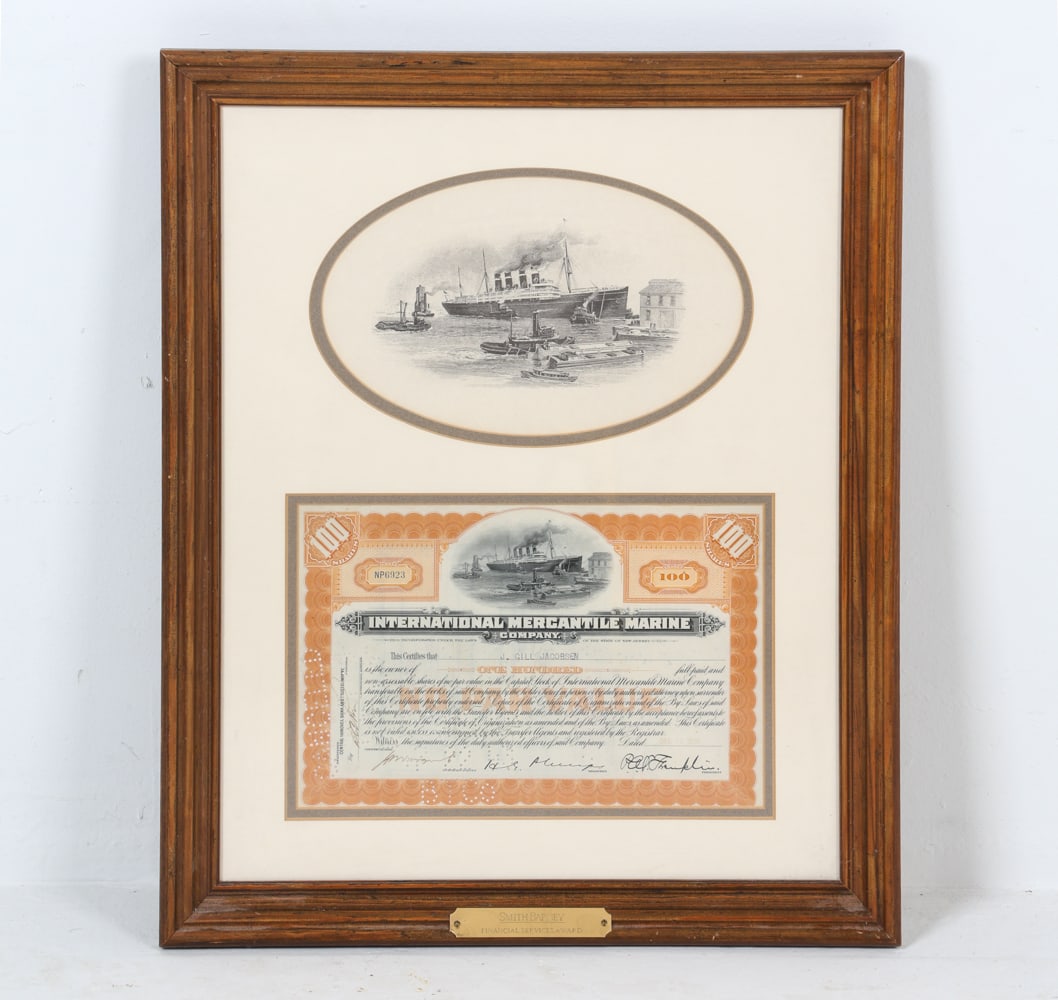 INTERNATIONAL MERCHANT MARINE STOCK CERTIFICATE: Plaque reads 'Smith Barney Financial Services Award'. Dimensions: Frame H 22.5" x W 18.5". Sight H 19.5" x W 15.5". Condition: Not examined out of frame. Minor dings to frame.