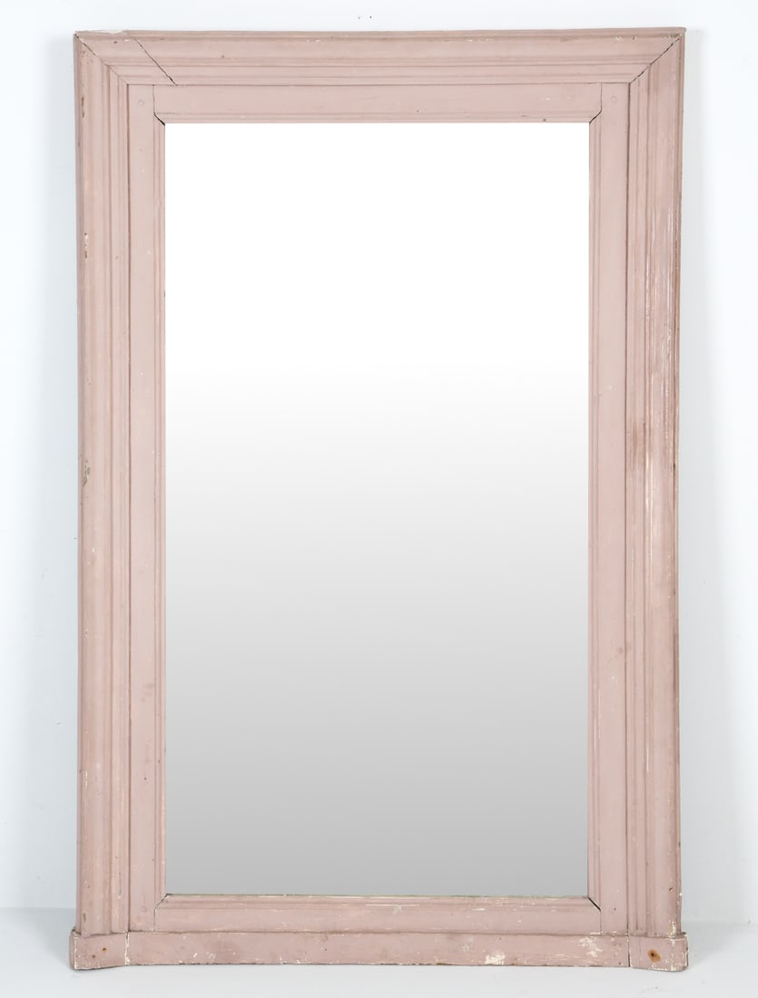 ANTIQUE PAINTED WALL MIRROR: Dimensions: H 67" x W 43" x D 3". Condition: Crack to top left corner on frame, losses to frame finish. Wear consistent with age and use.