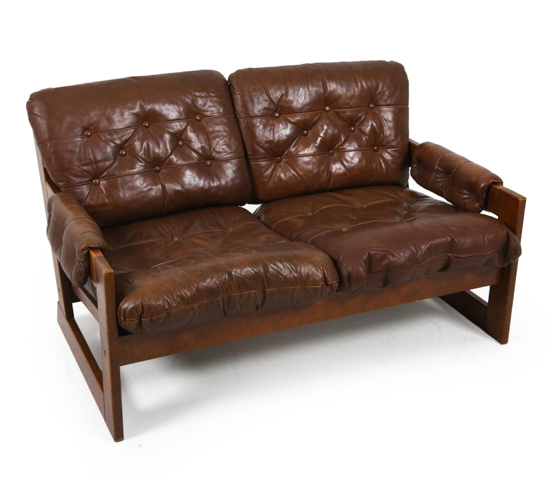 ARNE NORELL STYLE DANISH LEATHER & OAK LOVESEAT (1 of 13)
