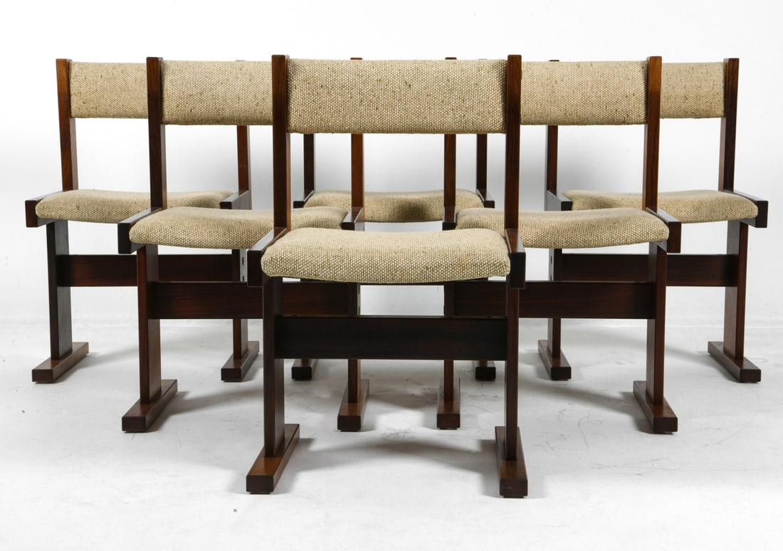 (6) POUL POULSEN FOR GANGSO ROSEWOOD DINING CHAIRS: Rosewood frames with beige upholstery. Apparently untagged. Denmark, circa 1970s. Dimensions: H 30.5" x W 19" x D 19.5" x SH 17.25". Condition: Minor scuffs and dings, wear consistent with age and use