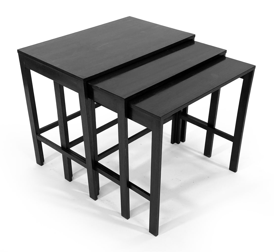 DANISH MAHOGANY NESTING TABLES C. 1960S: (3) Mahogany nesting tables that fit into slots when stacked. Denmark, circa 1960s. Dimensions: Largest H 20" x W 22.5" x D 14.25". Condition: Minor surface scratches, wear consistent with age and