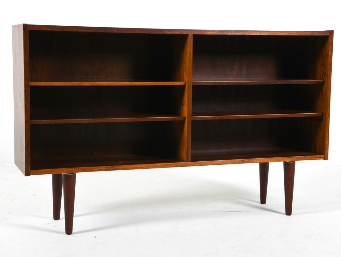 POUL HUNDEVAD DANISH ROSEWOOD BOOKCASE 1960S: Adjustable shelves. Apparently unmarked. Denmark, circa 1960s. Dimensions: H 33.5" x W 55" x D 12". Condition: Surface scratches. Wear consistent with age and use, including marks to frame. J031