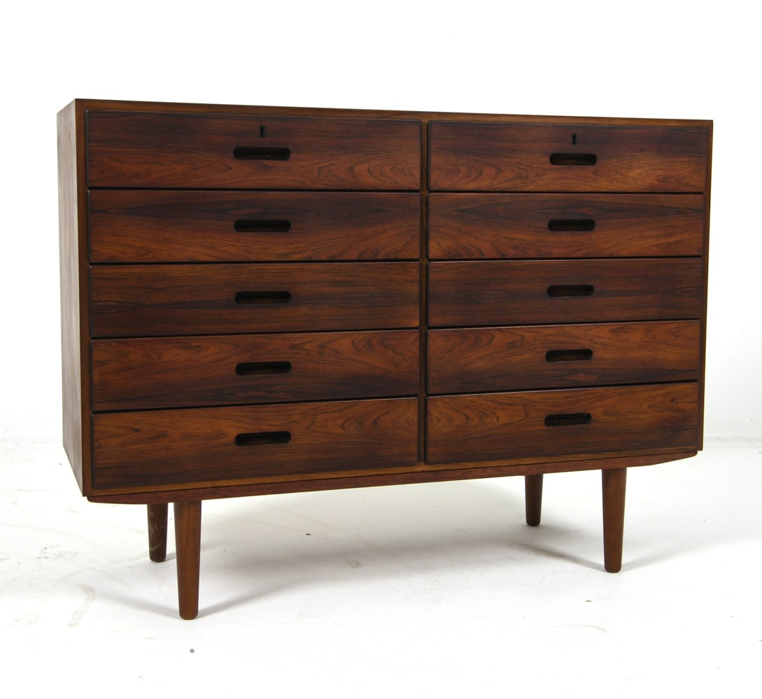 KAI WINDING DANISH ROSEWOOD CHEST OF DRAWERS 1960S: Key included. Apparently untagged. Denmark, circa 1960s. Dimensions: H 32.5" x W 43.25" x D 16". Condition: Few faint scuffs, wear consistent with age and use. J065