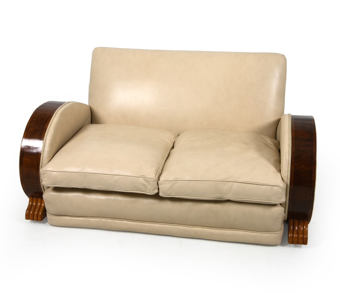 FRENCH ART DECO LEATHER ROSEWOOD SOFA C. 1930S (1 of 13)