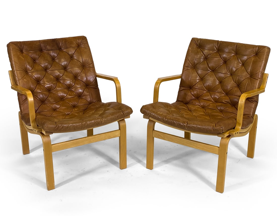 PAIR OF DANISH BEECH & LEATHER LOUNGE CHAIRS (1 of 13)