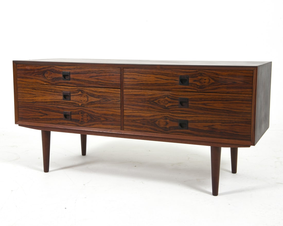 ERIK BROUER DANISH ROSEWOOD CHEST C. 1960S: For Brouer Mobelfabrik. Molded inset drawer pulls. Marked to back. Denmark, circa 1960s. Dimensions: H 25" x W 53" x D 20.25". Condition: Minor surface scratches and scuffs, wear consistent with age a