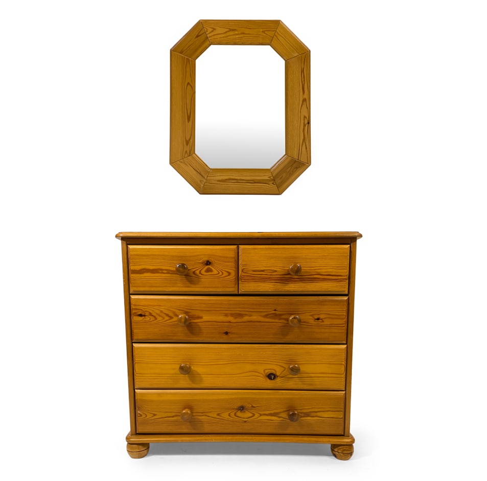 DANISH PINE CHEST OF DRAWERS & WALL MIRROR 1970S: Pine chest of drawers together with wall mirror. Denmark, circa 1970s. Dimensions: Chest H 30" x W 31" x D 16". Mirror H 23.5" x W 19". Condition: Small dings and faint scuffs to wood, wear consistent