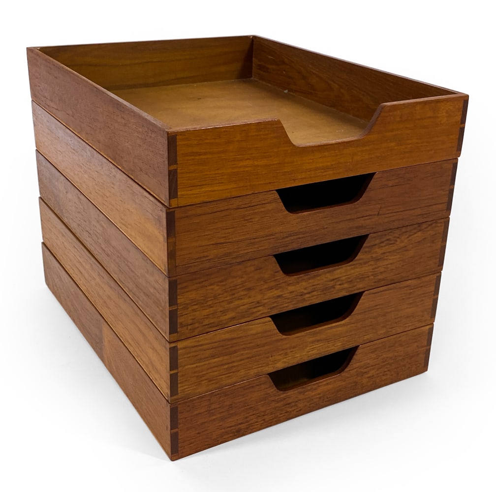 GROUPING OF DANISH TEAK LETTER DESK TRAYS C. 1960S: Includes 5 trays Dimensions: H 2.5" x W 12.75" x D 16.5" Condition: Wear consistent with age and gentle use. J026