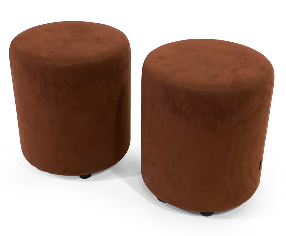 PAIR OF JOHANSON DESIGN SUEDE 'BOB' STOOLS: Brown suede upholstery with rounded plastic feet. Tagged to sides and branded underneath to fabric lining. Dimensions: H 17.75" x Dia. 14.5". Condition: Few scuffs to legs, present well overall. J130