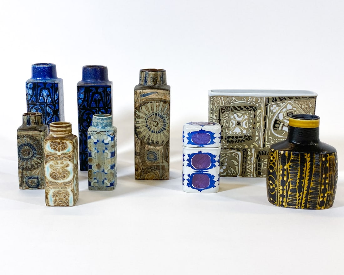 ROYAL COPENHAGEN DANISH STONEWARE GROUPING: Includes (9) pieces. Signed underneath. Denmark, circa 1970s. Dimensions: (largest) H 6"" x W 10" x D 2.5". Condition: Faint rubs and scuffs, wear consistent with age and use. J093