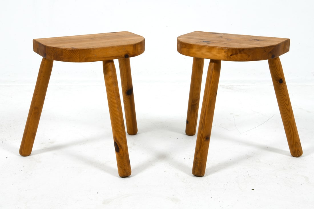 PAIR OF DANISH PINE 3 LEG STOOLS: C. 1970s H:15" x W:12.5" D:9" Condition: Wear consistent with age and use. J155b