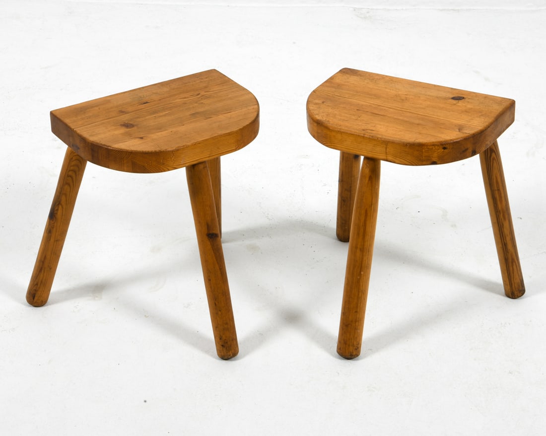PAIR OF SCANDINAVIAN PINE 3 LEG STOOLS: C. 1970s Dimensions: H:15" x W:12.5" D:9" Condition: Wear consistent with age and use. J152