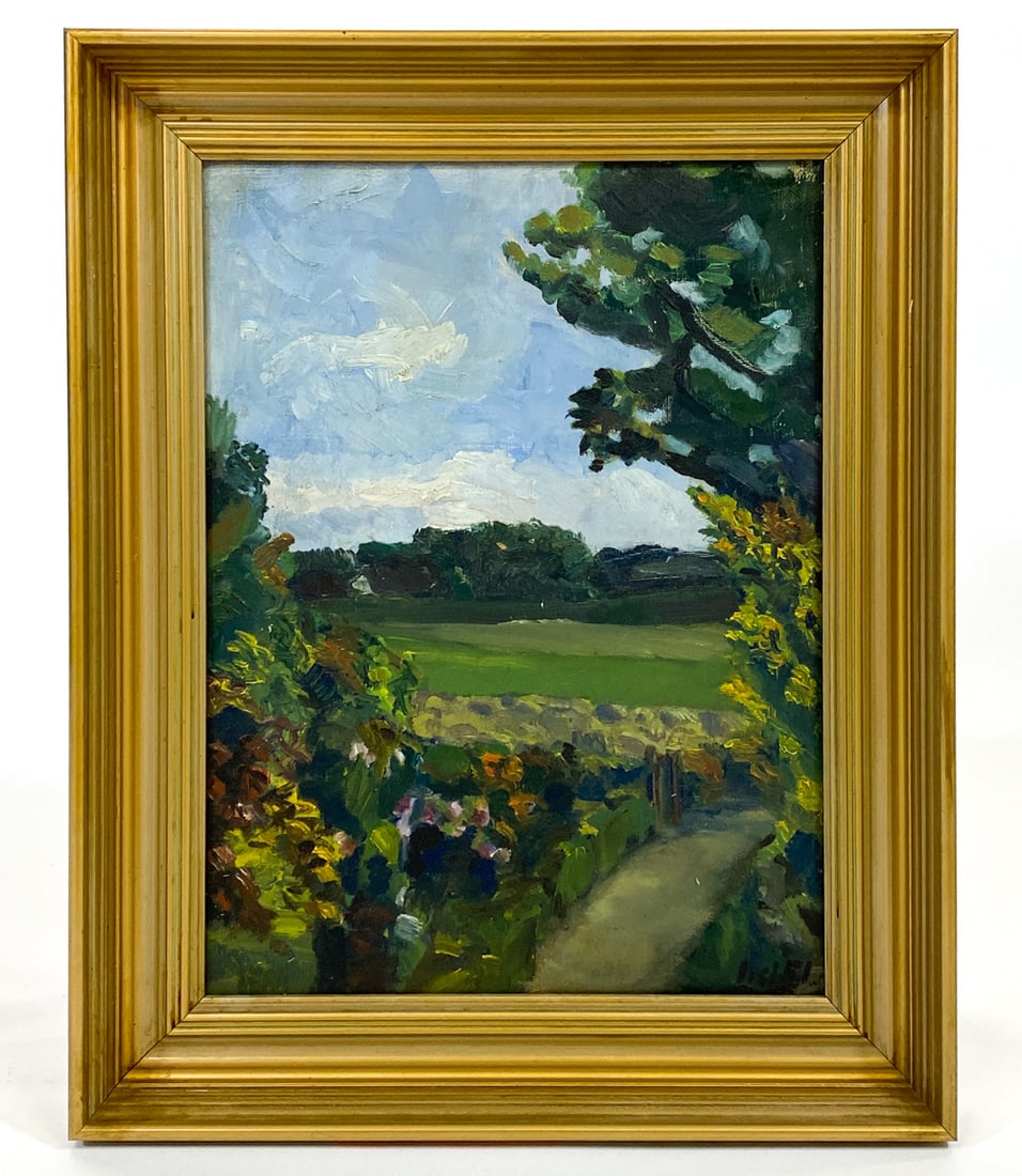 ANTIQUE DANISH LANDSCAPE O/C: Early 20th c. Illegibly signed lower right Dimensions: (frame) H 21.5" x W 17" x D 2" (canvas) H 17.5" x W 13" Condition: No issues to note. 91B
