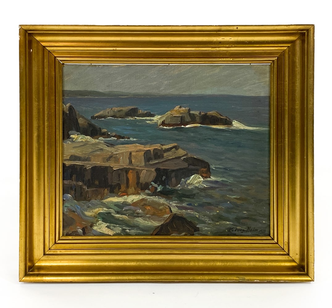 LUDVIG HOLM (20TH C.) DANISH OCEAN SEASCAPE O/B: Signed and dated 1921 lower right. Signed on back to frame. Ocean seascape with shoreline. Oil on canvas. Dimensions: (frame) H 14" x W 16" x D 2" (board) H 10" x W 12". Condition: Wear consistent wit