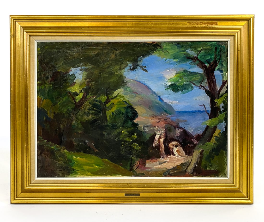 STEFAN VIGGO PETERSEN (20TH C.) LANDSCAPE O/C: Signed and dated to lower left corner, 1972. Plaque to frame. Oil on canvas. Dimensions: (frame) H 28" x W 35" (canvas) H 20" x W 28". Condition: Wear consistent with age and display. J086
