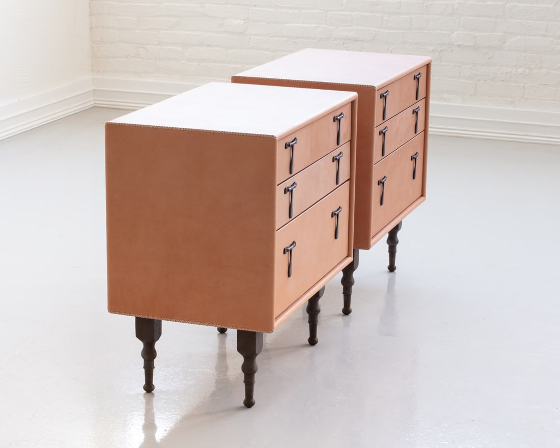 PAIR TYLER HAYS BDDW LEATHER & BRONZE SIDE CHESTS - 2