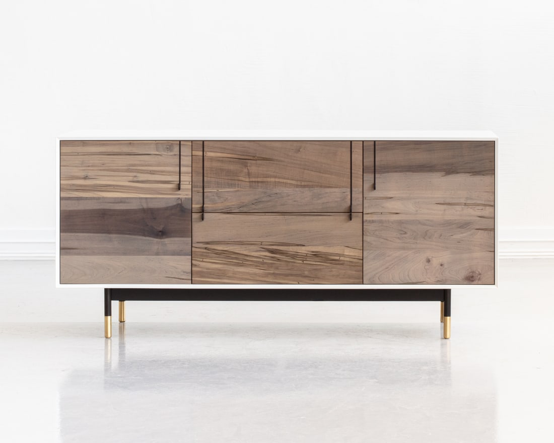 TYLER HAYS FOR BDDW MAPLE LAKE CREDENZA: Lake Credenza with white lacquer exterior and oxidized maple faces. With two standard drawers and two cabinets. Dimensions: H 27.5" x W 61" x D 18.75" Condition: Light surface wear.