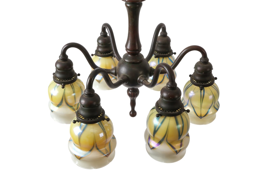 TIFFANY STUDIOS FAVRILE GLASS & BRONZE CHANDELIER - 13